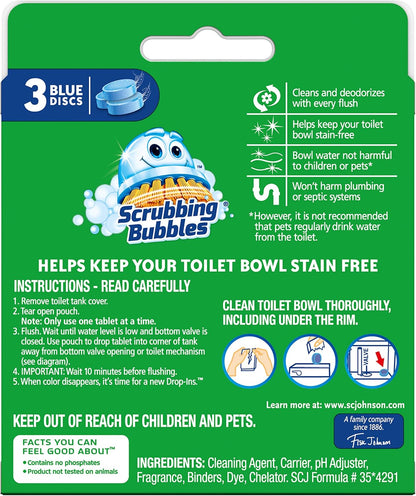 Scrubbing Bubbles Continuous Clean Toilet Drop-Ins, Automatic Blue Toilet Bowl Cleaner, Septic-Safe Tank Tablets Remove Hard Water Minerals & Limescale, Stain & Smell Protection, 3 Count (Pack of 1)