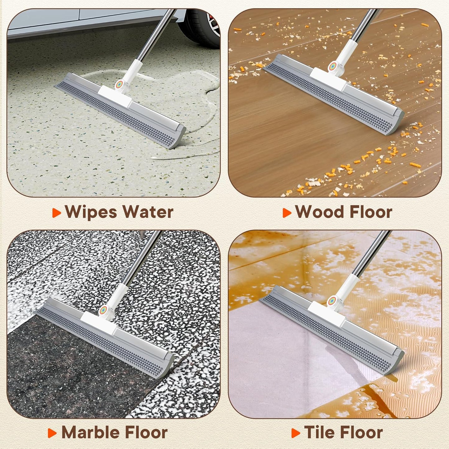 Floor Squeegee with Long Handle, 180° Rotating Silicone Broom for Concrete & Tile Floors, Squeegee for Water Removal on Garage, Bathroom and Deck, Adjustable 35–62 in Handle, 2 Pads