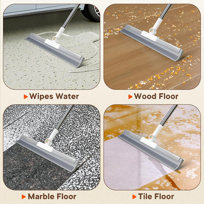 Floor Squeegee with Long Handle, 180° Rotating Silicone Broom for Concrete & Tile Floors, Squeegee for Water Removal on Garage, Bathroom and Deck, Adjustable 35–62 in Handle, 2 Pads