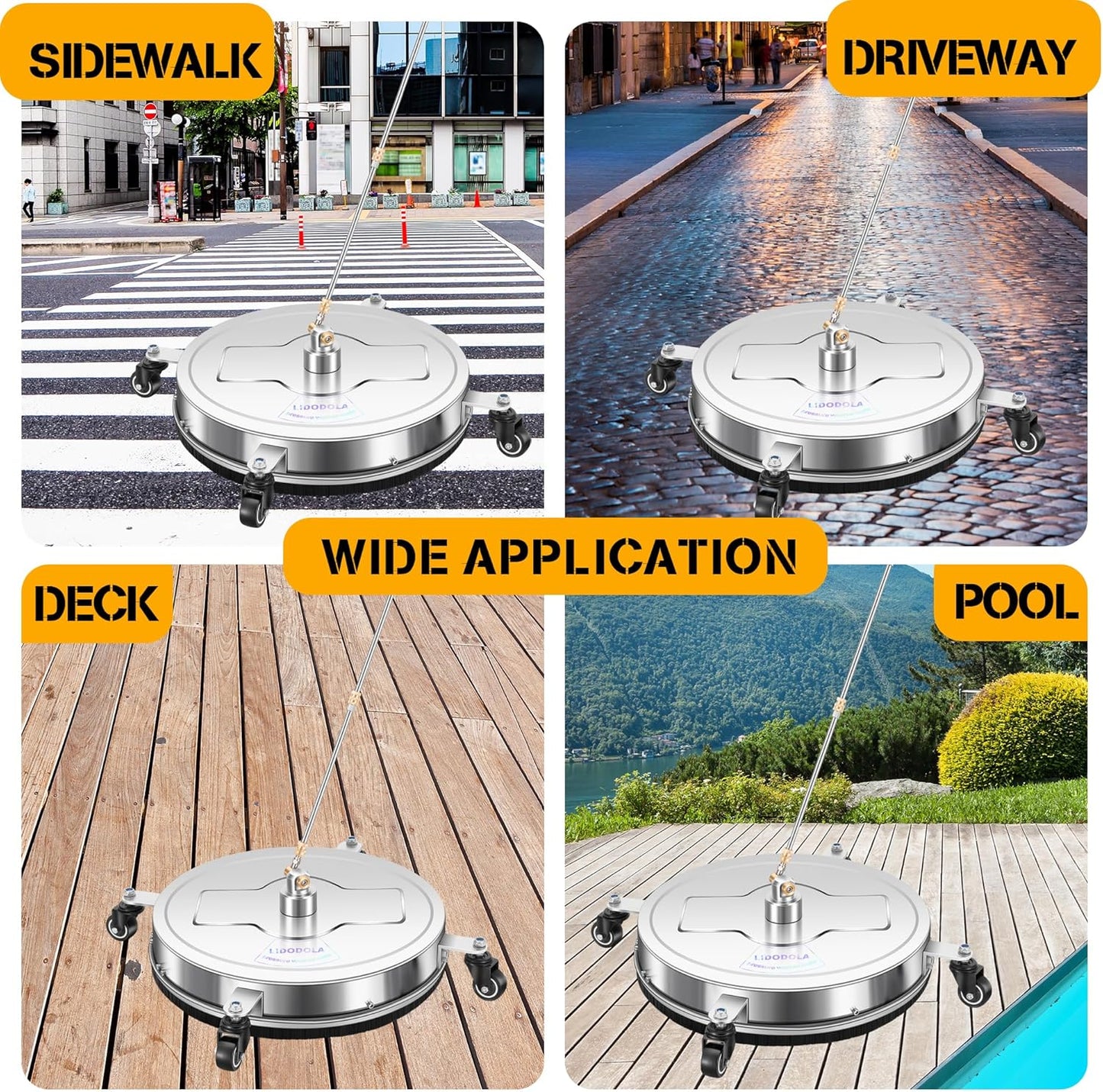 14" Pressure Washer Surface Cleaner with 4 Wheels - Stainless Steel Surface Cleaner for Pressure Washer Attachment for Concrete, Patio, Sidewalk, Deck and Driveways - PWS14