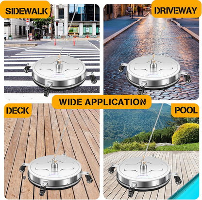 14" Pressure Washer Surface Cleaner with 4 Wheels - Stainless Steel Surface Cleaner for Pressure Washer Attachment for Concrete, Patio, Sidewalk, Deck and Driveways - PWS14