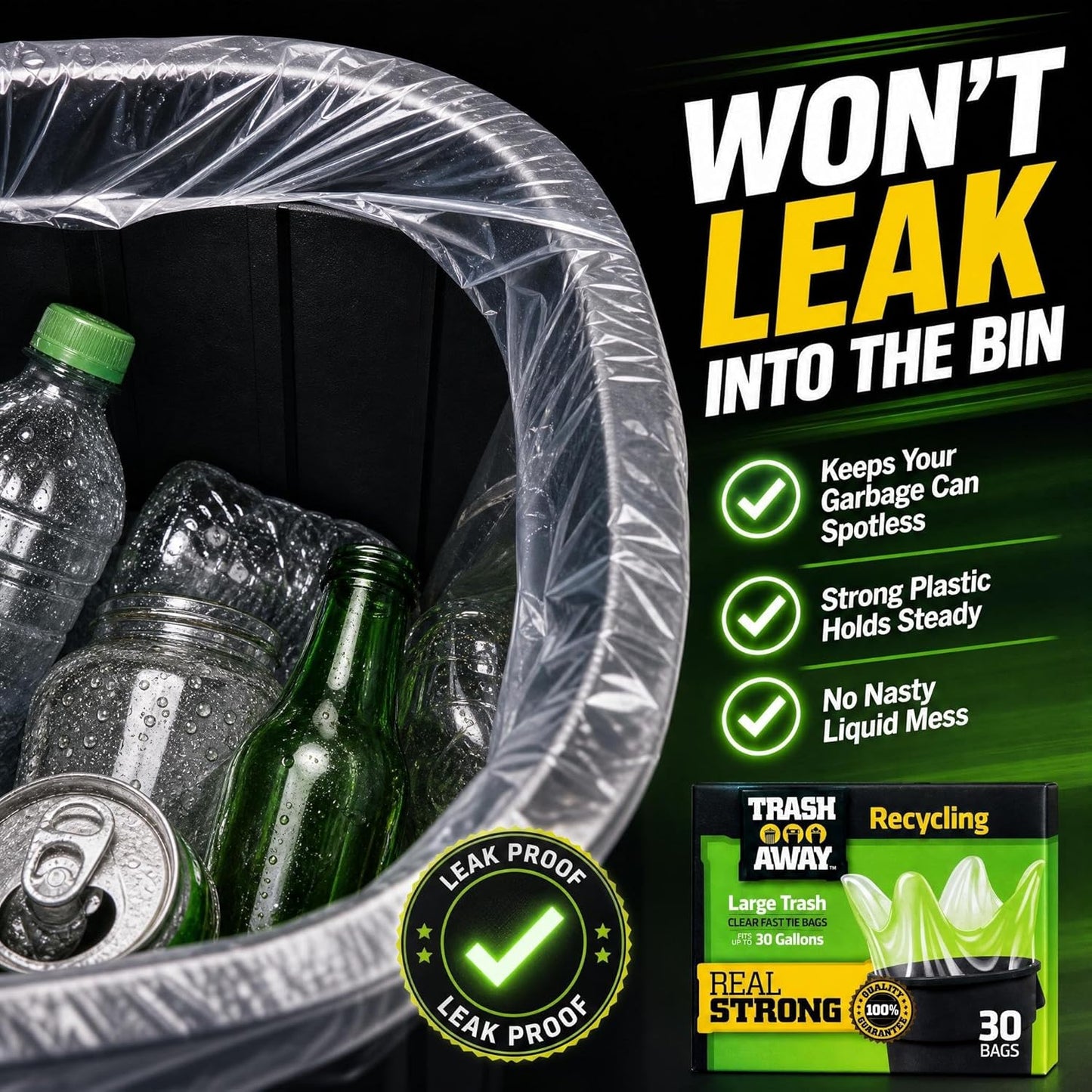 Heavy Duty Clear Recycling Bags | Tall & Strong Bags for Home & Kitchen - (30 Ct, 30 Gallons) Large Trash Bags Paper, Plastic & Aluminum | Thick Recycle Bin Bags (Clear)