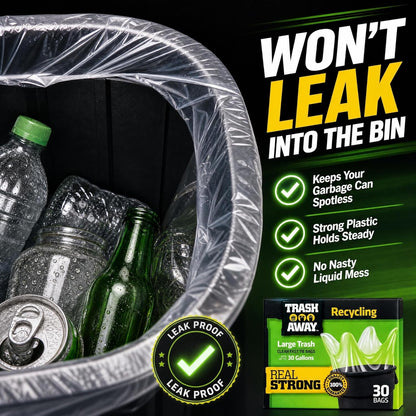 Heavy Duty Clear Recycling Bags | Tall & Strong Bags for Home & Kitchen - (30 Ct, 30 Gallons) Large Trash Bags Paper, Plastic & Aluminum | Thick Recycle Bin Bags (Clear)