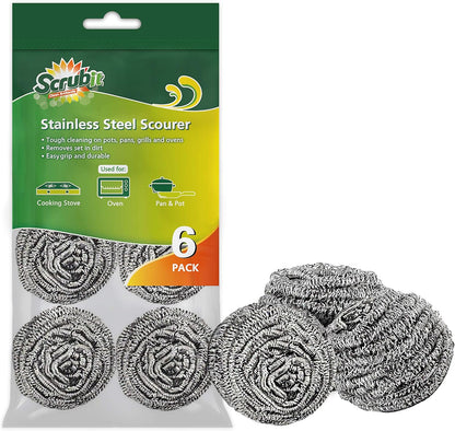 SCRUBIT 6 Pack Stainless Steel Scourers – Steel Wool Scrubber Pad Used for Dishes, Pots, Pans, and Ovens. Easy scouring for Tough Kitchen Cleaning.