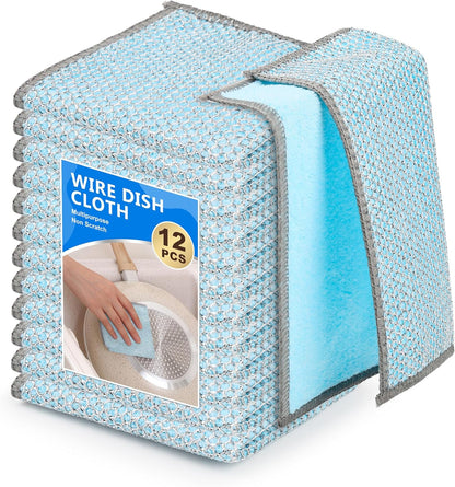 12Pack Multipurpose Wire Dishwashing Rags, Upgrade Non Scratch Wire Dishcloth, Silver Mesh Dish Cloths, Reusable Metal Mesh Cleaning Cloths, Steel Scrub Rags for Kitchen/Stove/Oven/Bath