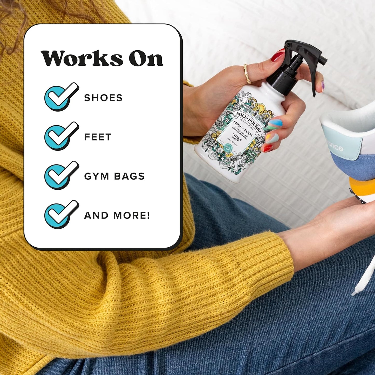 Sole-Pourri Shoe Deodorizer + Foot Spray, 3.4 Fl Oz, Up to 150 Uses, Funk-Fighting Odor Freshener with Essential Oils, for Smelly Shoes, Feet & Gym Bags, Citrus & Mint Scent