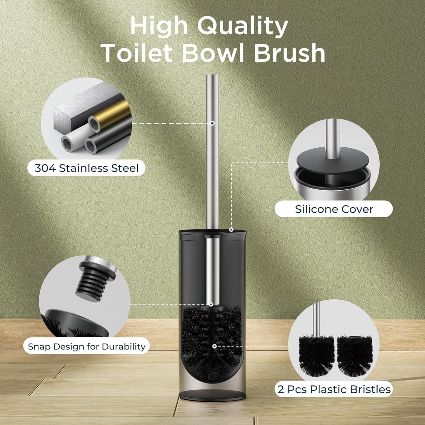 Toilet Brush and Holder Set, Toilet Bowl Brush with Heavy Duty 304 Stainless Steel Base and Extra Long Handle, Toilet Bowl Cleaners Brush for Bathroom (Matte Black)