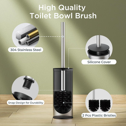 Toilet Brush and Holder Set, Toilet Bowl Brush with Heavy Duty 304 Stainless Steel Base and Extra Long Handle, Toilet Bowl Cleaners Brush for Bathroom (Matte Black)