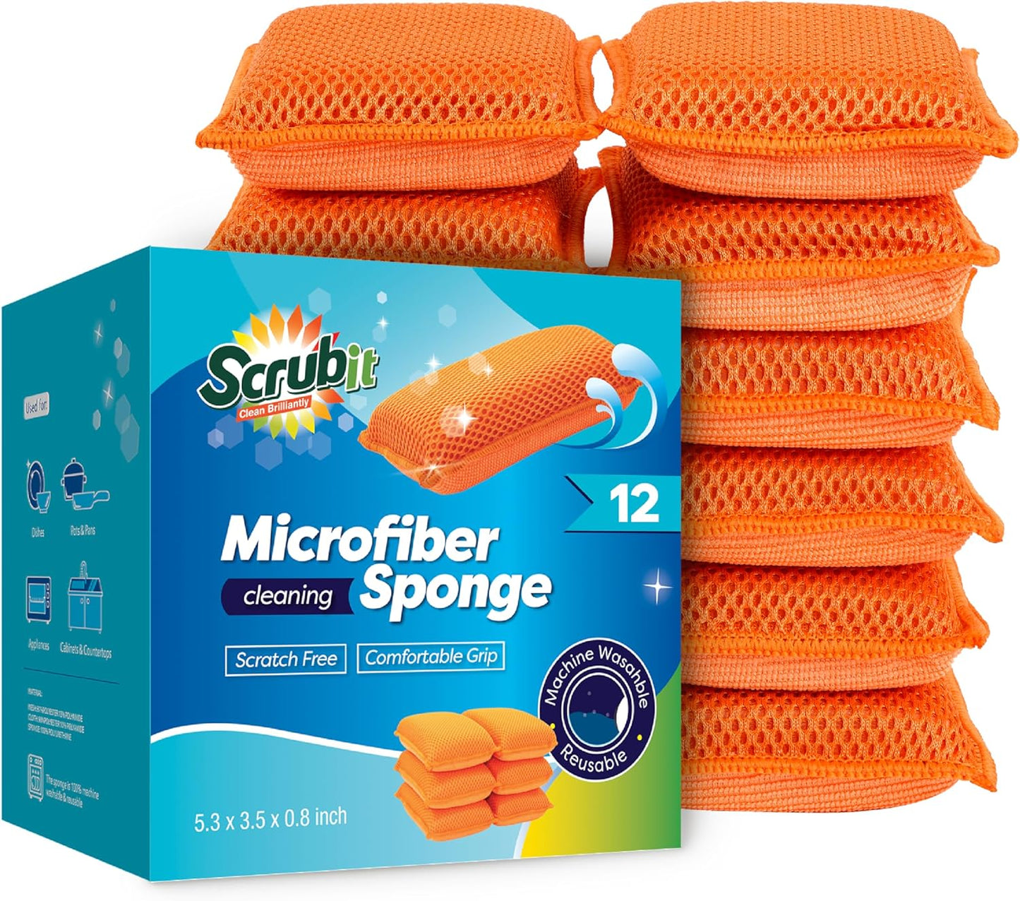 SCRUBIT Reusable Sponges for Dishes - 12 Pack Microfiber Sponges Kitchen Dish Scrubber, Machine Washable & Non-Scratch Scrubbers (Blue)
