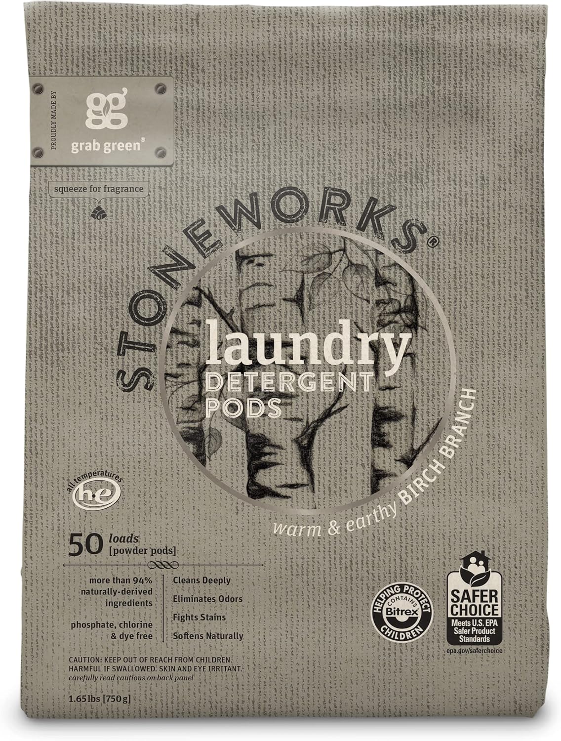 Grab Green Stoneworks Laundry Detergent Pods, 100 Count, Birch Branch Scent, Plant and Mineral Based, Cleans Deeply, Eliminates Odors, Fights Stains