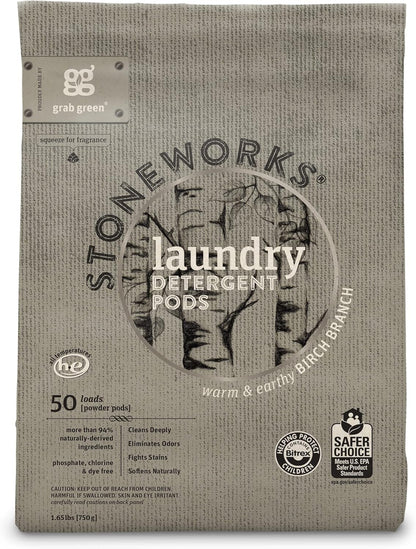 Grab Green Stoneworks Laundry Detergent Pods, 100 Count, Birch Branch Scent, Plant and Mineral Based, Cleans Deeply, Eliminates Odors, Fights Stains