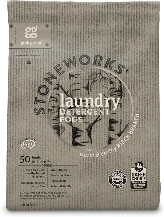 Grab Green Stoneworks Laundry Detergent Pods, 100 Count, Birch Branch Scent, Plant and Mineral Based, Cleans Deeply, Eliminates Odors, Fights Stains