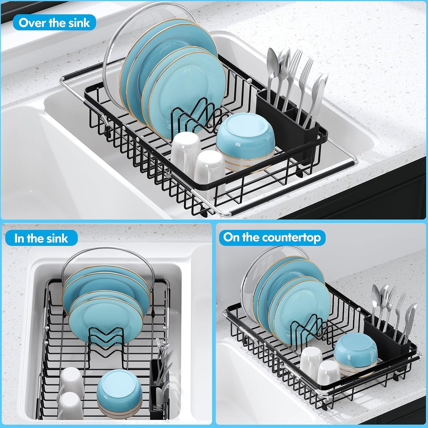 JASIWAY Dish Drying Rack in Sink, Expandable Stainless Steel Dish Drainers for Kitchen Counter, Dish Dryer Rack for Inside Sink, Over The Sink Dish Racks with Utensil Holder, Silver