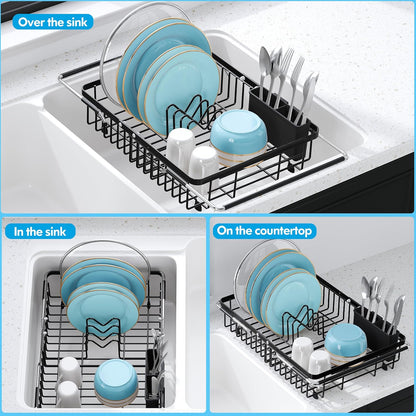 JASIWAY Dish Drying Rack in Sink, Expandable Stainless Steel Dish Drainers for Kitchen Counter, Dish Dryer Rack for Inside Sink, Over The Sink Dish Racks with Utensil Holder, Silver