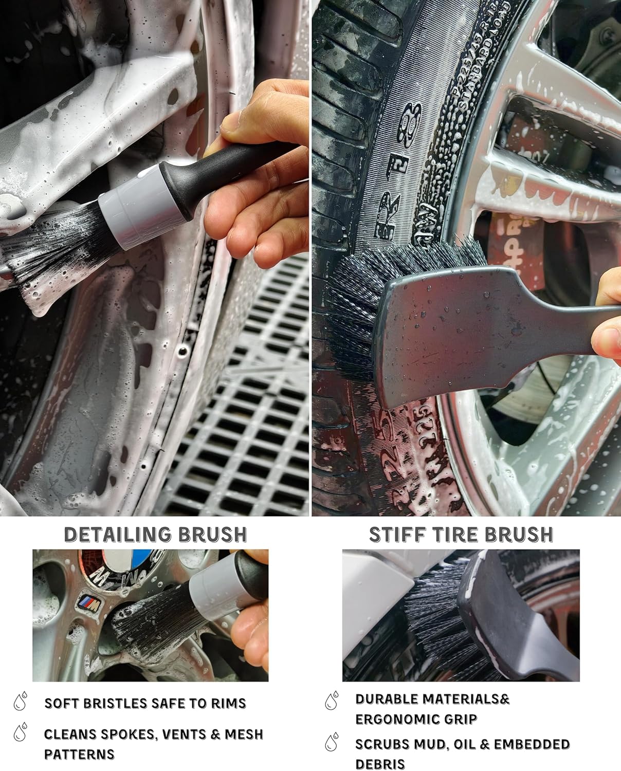 oesee Refined Long Handle Car Wheel Brush Arsenal, Soft Wheel and Rim Brush,Tire Brush, Bendable & Durable Car Wheel Rim Cleaner Brush Set for Cleaning Wheel and Tire, Large, Grey & Black