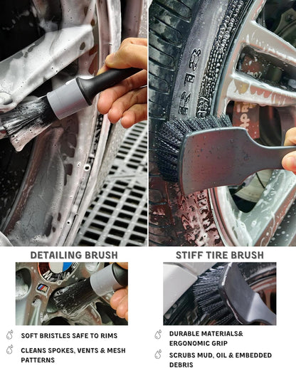 oesee Refined Long Handle Car Wheel Brush Arsenal, Soft Wheel and Rim Brush,Tire Brush, Bendable & Durable Car Wheel Rim Cleaner Brush Set for Cleaning Wheel and Tire, Large, Grey & Black