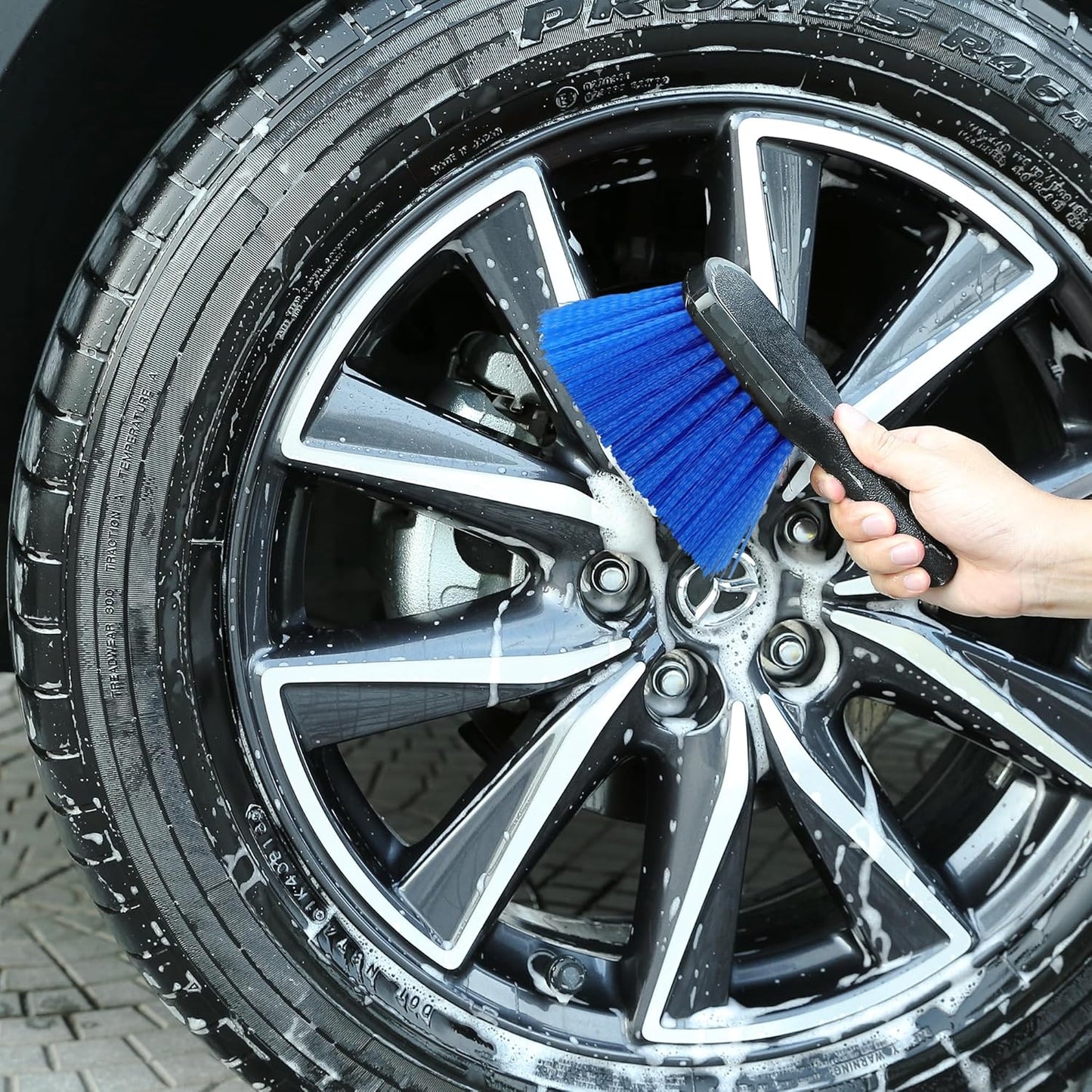 TAKAVU Wheel Tire Brush - Soft Bristle with Short Handle, Included Detailing Brush - Car Cleaning Kit for Rims, Tires, Interior Vents, Emblems - Scratch Safe
