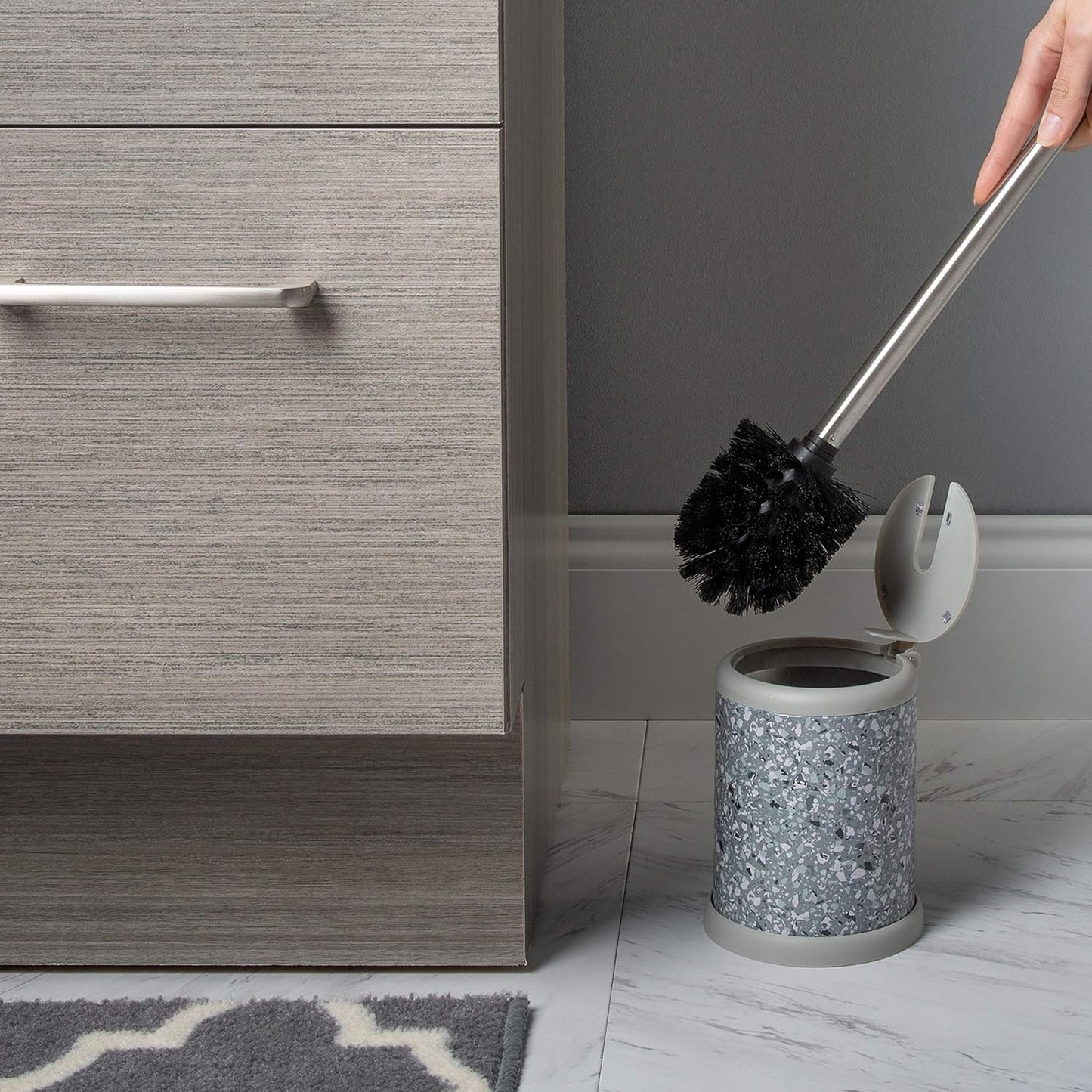 Bath Bliss Toilet Brush and Holder | Self Closing Lid | 360 Degree Brush Head | Bathroom Cleaning | Compact Size | Storage and Organization | Stainless Steel