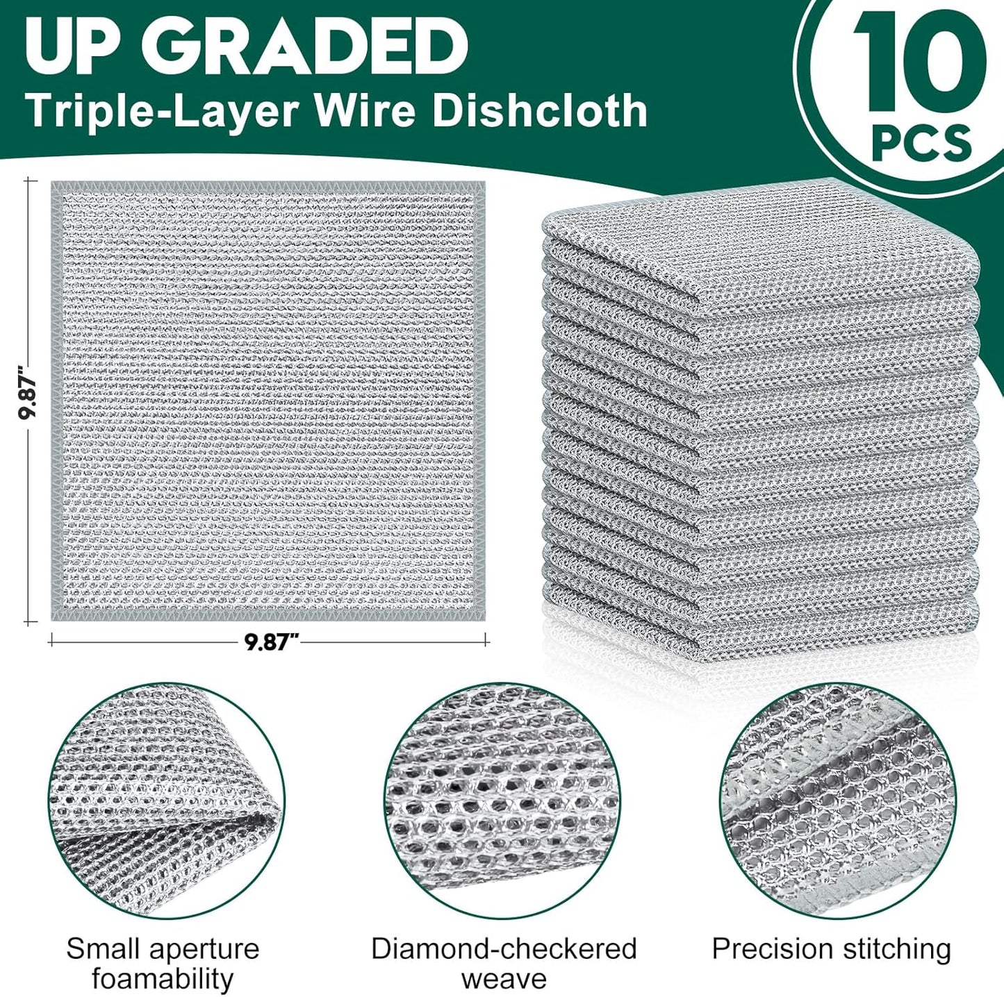 Steel Wool Scrubber, Wire Dishwashing Rags, 10 Pcs Multipurpose Wire Dishcloth, Wet & Dry for Cookware, Sinks, Dishes, Stoves & Fireplaces 5.9“ x 3.9”