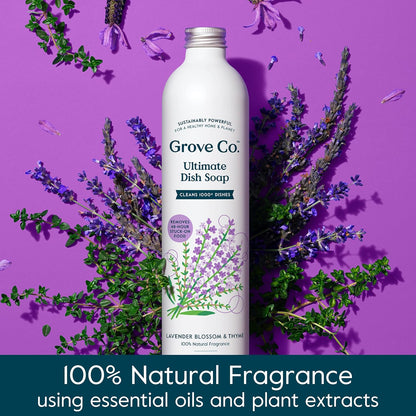 Grove Co. Ultimate Dish Soap Refills (3 x 16 Fl Oz) Removes 48-hr Stuck-on Food and Grease, Plastic Free Cleaning Products, 100% Natural Lavender Blossom & Thyme Fragrance, 1 pack