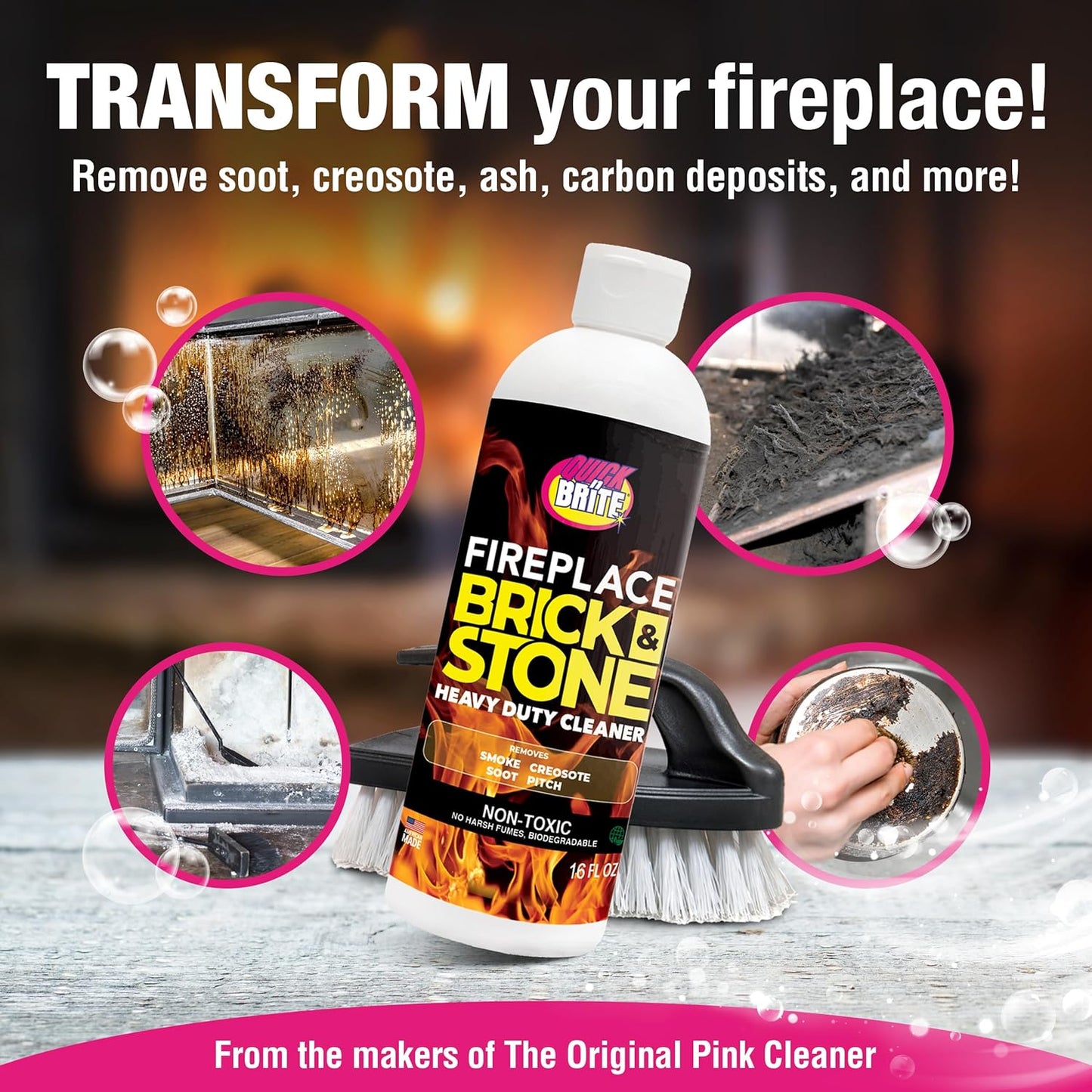 Quick 'n Brite Fireplace Gel Cleaner for Brick, Stone, Rock, Tile, and Marble, Nonabrasive Fireplace Cleaner, Made in the USA, 16 oz