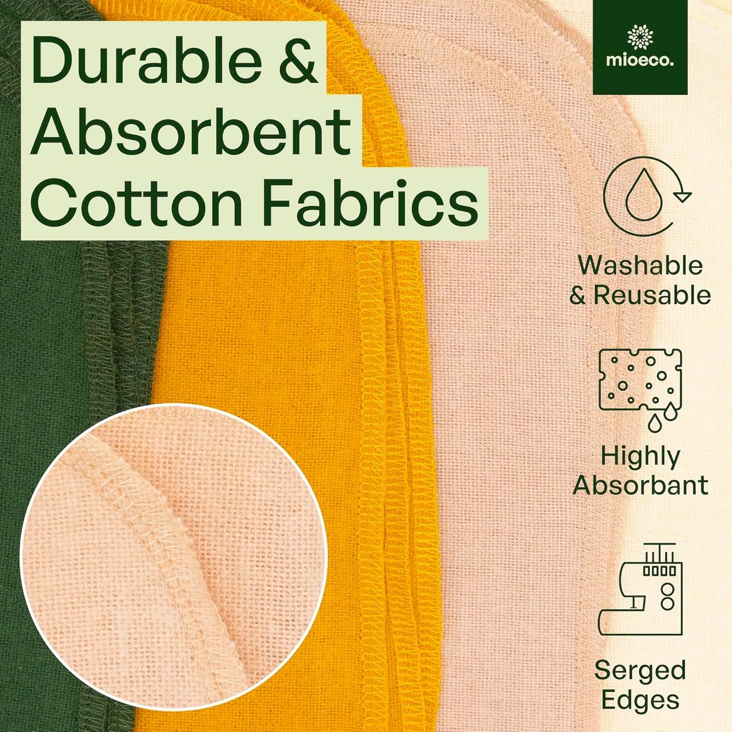 mioeco 20 Pack Reusable Kitchen Paper Towels Washable - Super Absorbent Natural unPaper Towels - Natural Cotton - Reusable, Paperless Kitchen Dish Cloths - 100% Organic