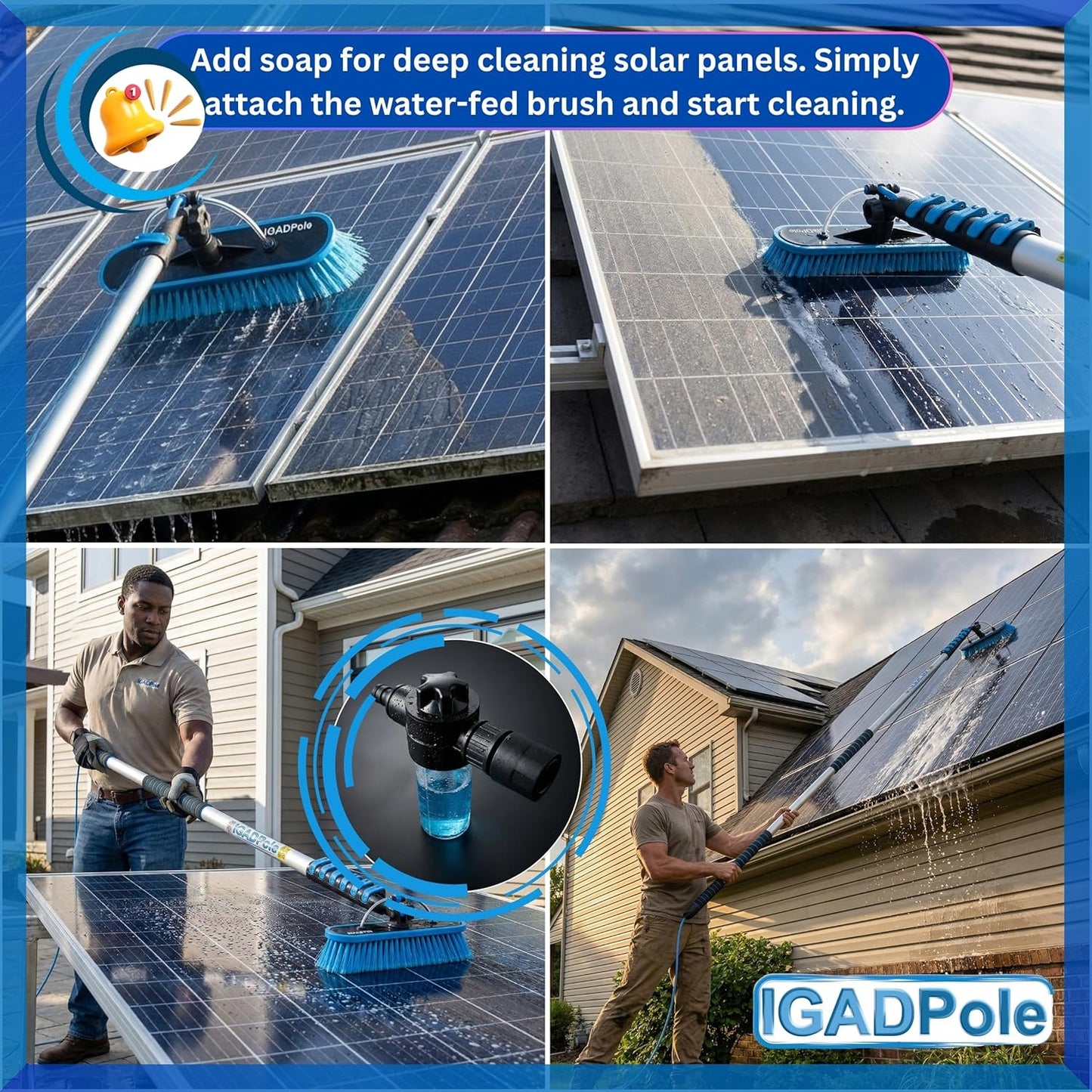 IGADPole 24 FT Water-Fed Washing Kit with Soap-Dispenser, Brush, 10″ Squeegee & Cobweb Duster for Windows, Gutters, Solar Panels & Exterior Walls
