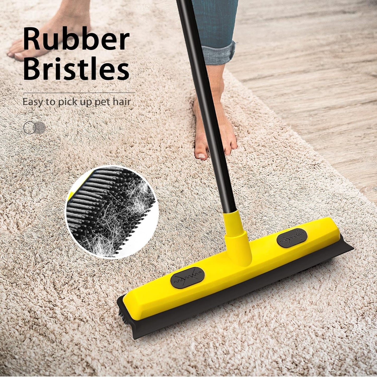 Rubber Broom with Squeegee, Carpet Rake for Pet Hair Removal 54 Inches Long Handle, Fur Remover, Portable Detailing Lint Brush for Fluff Carpet, Window, Tile, Hardwood Floor