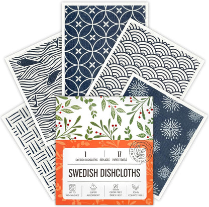 Swedish Dishcloths for Kitchen, Swedish Dish Cloths 5 Pack, Super Absorbent Reusable Paper Towels Washable, Biodegradable, Quick Drying, Dishwasher Safe