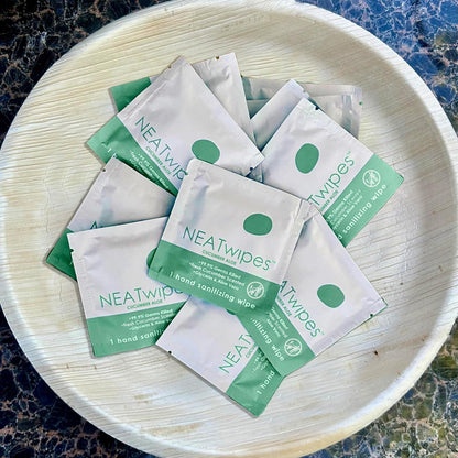 NEATwipes Hand Sanitizing Wipes | Travel Size | Disposable Wet Wipe & Planet Friendly | Lavender Essential Oil & Soothing Aloe | 24 Individually Wrapped Wipes per Package