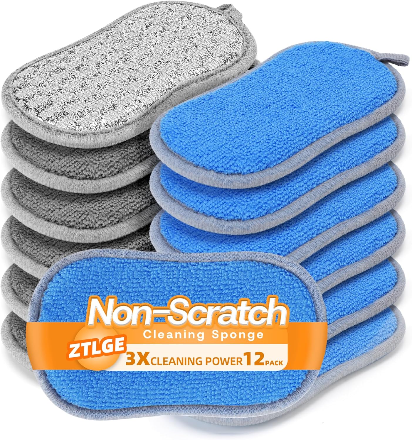 Multi-Purpose Scrub Kitchen Sponges – 12 Pack Dish Sponge, Dual-Sided Non-Scratch Microfiber & Metal Scrubber, Reusable Sponges for Dishes, Pots, Glass, Sink, Stovetop & Bathroom (Gray)