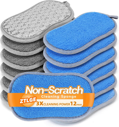 Multi-Purpose Scrub Kitchen Sponges – 12 Pack Dish Sponge, Dual-Sided Non-Scratch Microfiber & Metal Scrubber, Reusable Sponges for Dishes, Pots, Glass, Sink, Stovetop & Bathroom (Gray)
