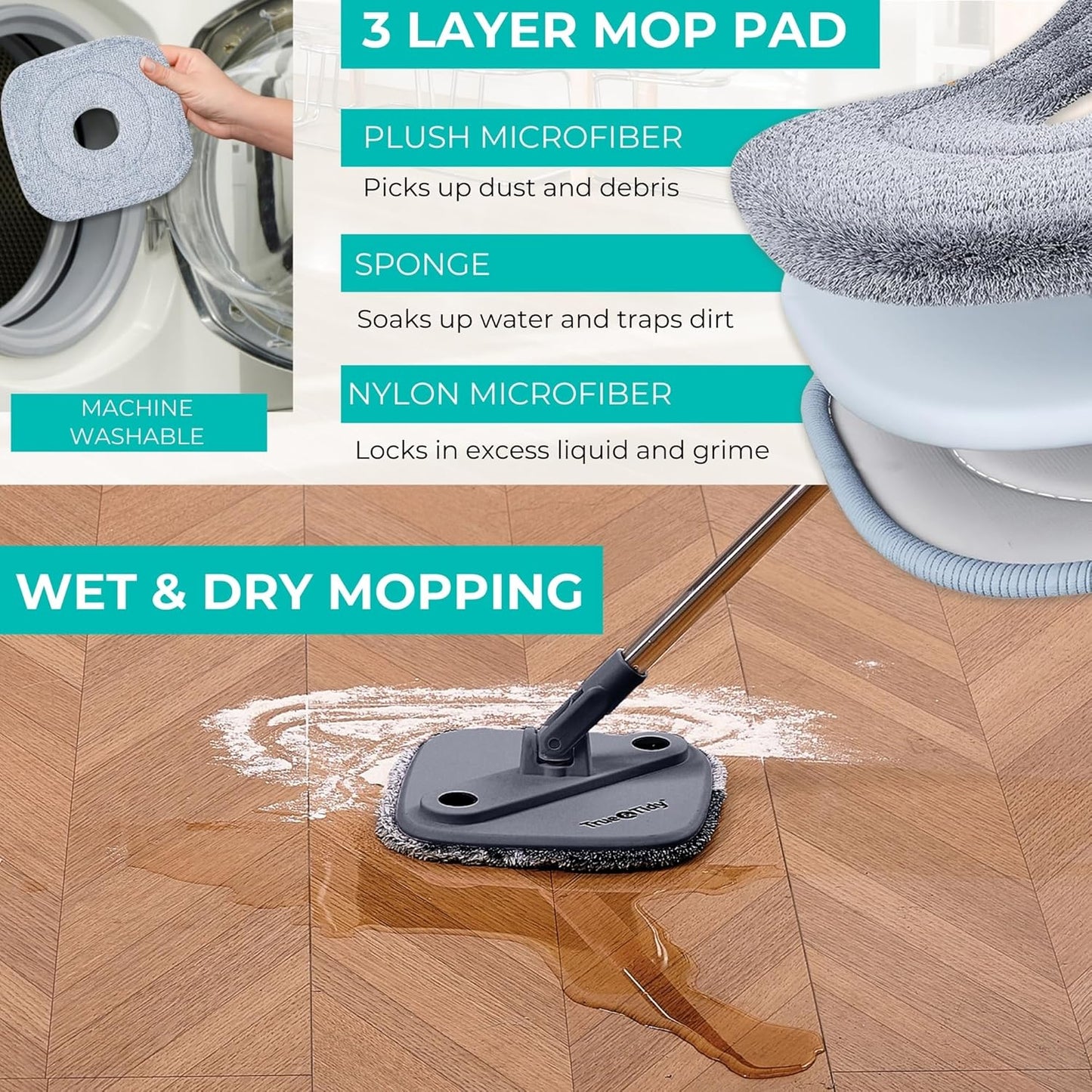 True & Tidy® True Clean Mop and Bucket System, Includes Square Spin, Dual Compartment Mop Bucket and 2 Thick Machine Washable Pads New Upgraded with Side Brush & Self Standing Handle, Rose