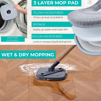 True & Tidy® True Clean Mop and Bucket System, Includes Square Spin, Dual Compartment Mop Bucket and 2 Thick Machine Washable Pads New Upgraded with Side Brush & Self Standing Handle, Rose