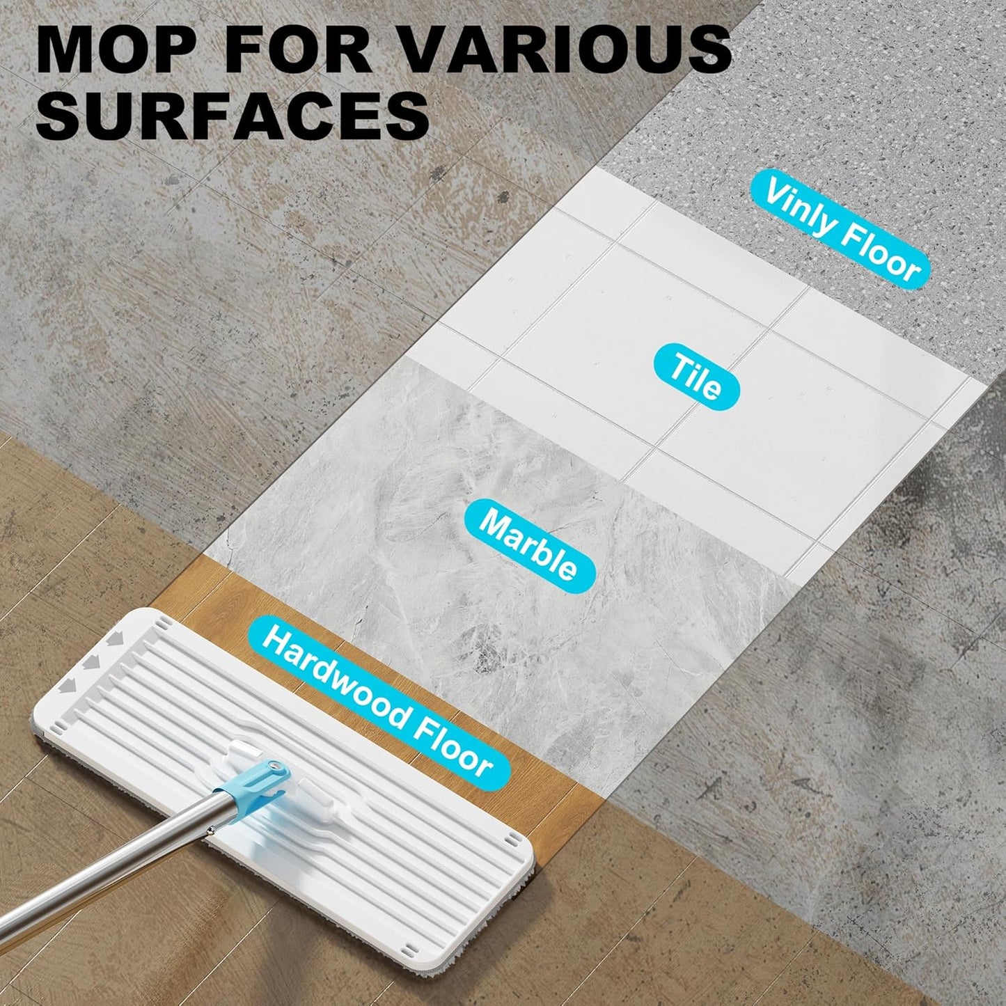 Mop and Bucket Set, Mops for Floor Cleaning with Long Handle, Squeeze Flat Mop and Bucket System, Dry & Wet Dust Mop for Household Floor Cleaning with 5 Microfiber Mops, Slate Blue