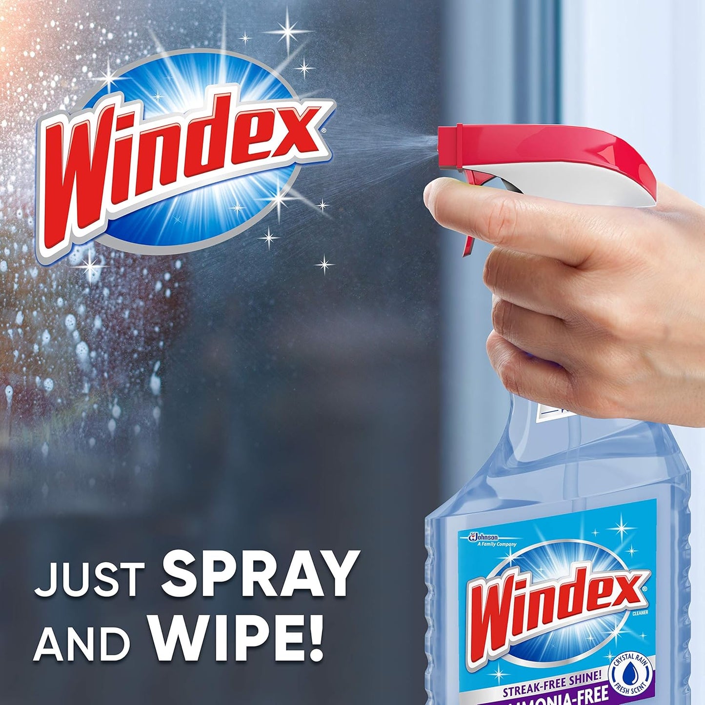 Windex Glass and Window Cleaner Spray Bottle, Ammonia Free, Bottle Made from 100% Recovered Coastal Plastic, Surface Cleaning Spray, Crystal Rain Scent, 23 Fl Oz