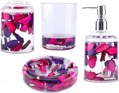 Locco Decor 5 Piece Acrylic Liquid 4D Floating Motion Bathroom Vanity Accessory Set Garden Botanic Green Plants Toothbrush Holder, Tumbler, Soap Dispenser, Soap Dish, Toiletbrush Holder Set