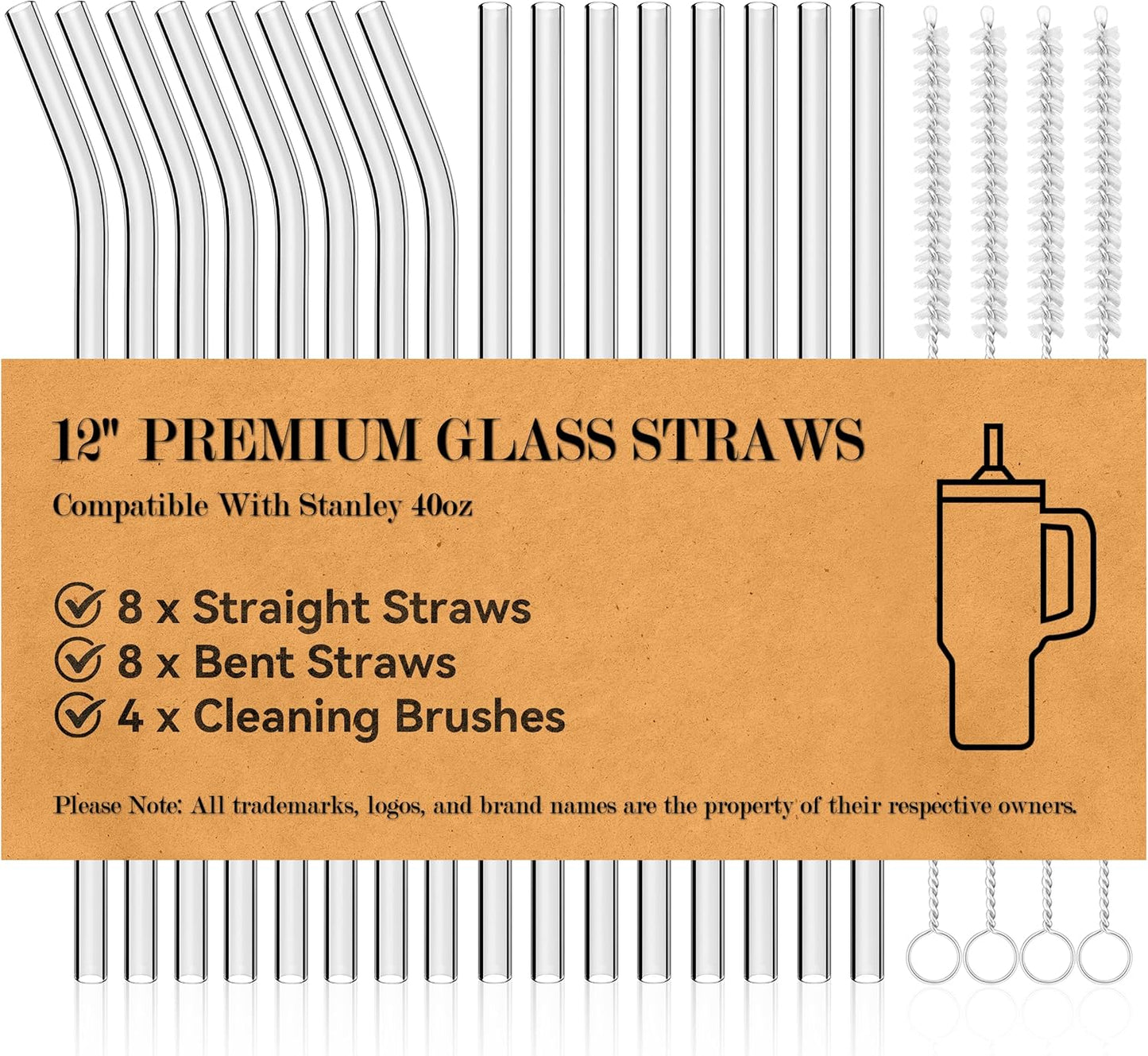 Foogwee® 20 Packs Reusable Glass Straws Set, 8.5'' x 10mm Clear Drinking Straws for Smoothies, Shakes, Coffee, Juice, Sodas, Milk, Tea, Cocktails, Set of 8 Straight and 8 Bent with 4 Cleaning Brushes
