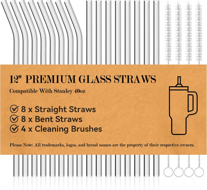 Foogwee® 20 Packs Reusable Glass Straws Set, 8.5'' x 10mm Clear Drinking Straws for Smoothies, Shakes, Coffee, Juice, Sodas, Milk, Tea, Cocktails, Set of 8 Straight and 8 Bent with 4 Cleaning Brushes