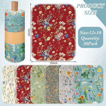 Redbaker 30 Pcs Reusable Paper Towels Rolls Kitchen Towels Bulk Washable Paperless Cloth Cotton Hand Napkins with Cardboard Reusable Napkins for Kitchen Bathroom(Floral,10 x 12 in)