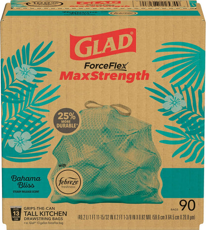 Glad Tall Kitchen Trash Bags 13 Gallon, MaxStrength Beachside Breeze Garbage Bags, Odorshield with Drawstring, 34 Count