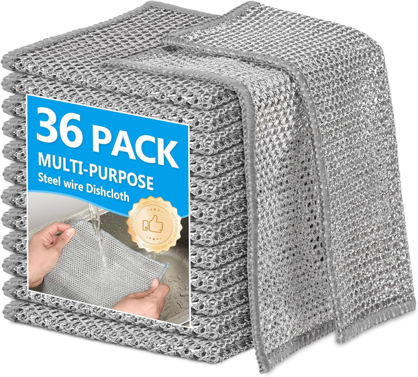 12Pack Multipurpose Wire Dishwashing Rags, Upgrade Non Scratch Wire Dishcloth, Silver Mesh Dish Cloths, Reusable Metal Mesh Cleaning Cloths, Steel Scrub Rags for Kitchen/Stove/Oven/Bath