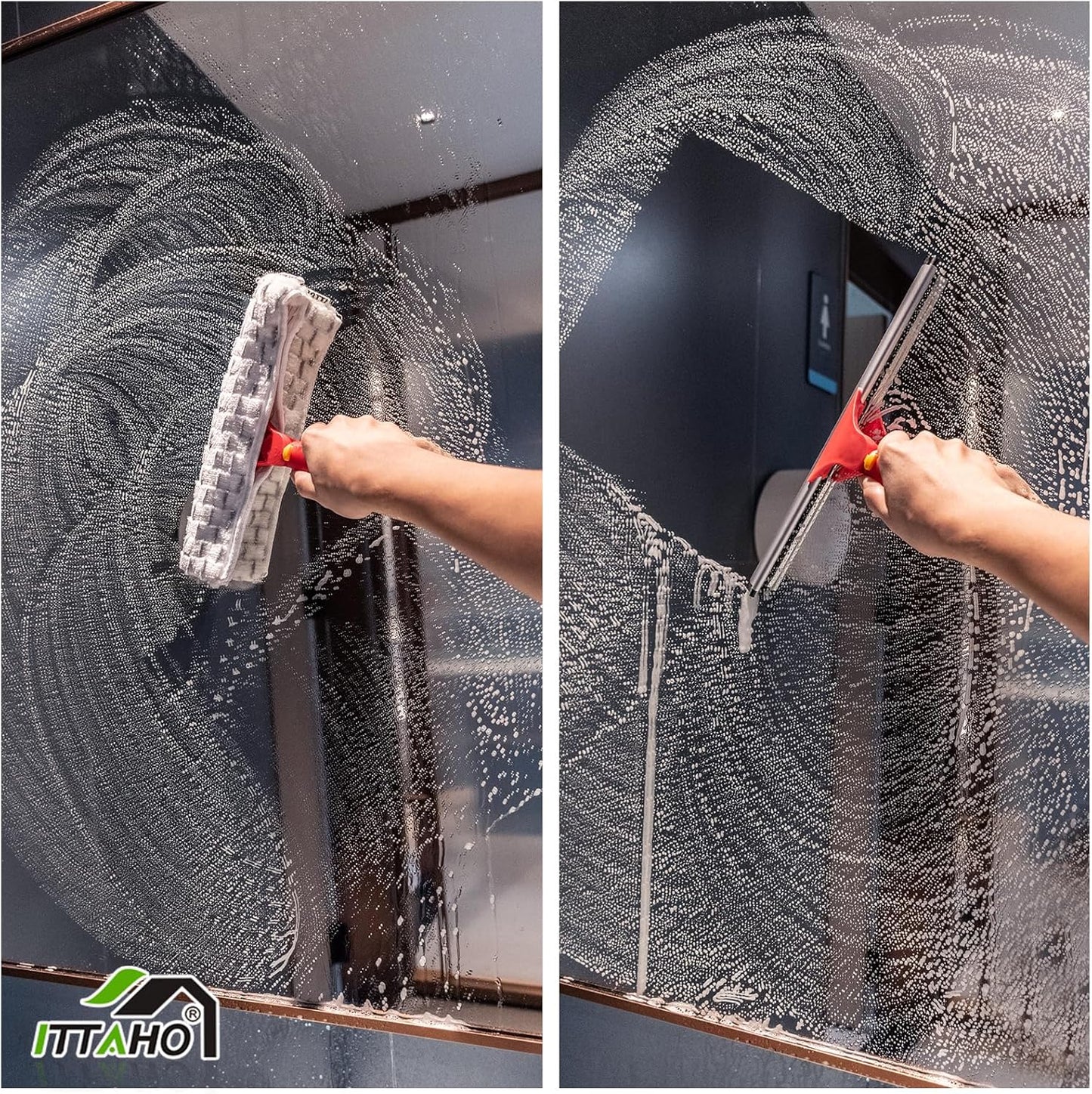 Window Washing Kit with Extension Pole, 10" Squeegee & 11" Microfiber Scrubber Combi with Stainless Steel Pole, Window Cleaner for Car, Sliding Door,Shower Glass Door-Swivel Style-2 Pads