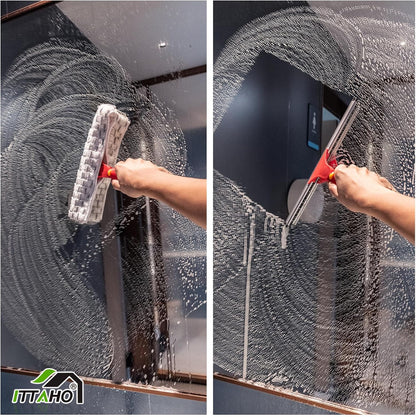 Window Washing Kit with Extension Pole, 10" Squeegee & 11" Microfiber Scrubber Combi with Stainless Steel Pole, Window Cleaner for Car, Sliding Door,Shower Glass Door-Swivel Style-2 Pads