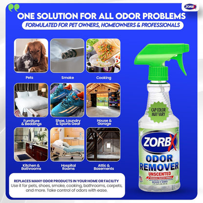 ZORBX Unscented Odor Eliminator for Strong Odor 16 oz - Pack of 2 - Used in Hospitals & Healthcare Facilities - Advanced Trusted Formula, Fast-Acting Odor Remover Spray for Dog, Cat, House & Carpet