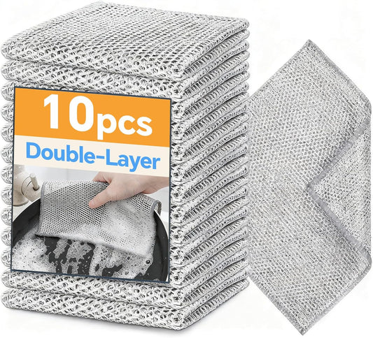 Stainless Steel Wire Scrubber Sponges, 10 Pack Non-Scratch Heavy Duty Cleaning Cloths, Multi-Purpose Metal Mesh Dish Rags for Kitchen, Dishes, Pots, Pans, Sink, 7.87 x 7.87 Inch (10)