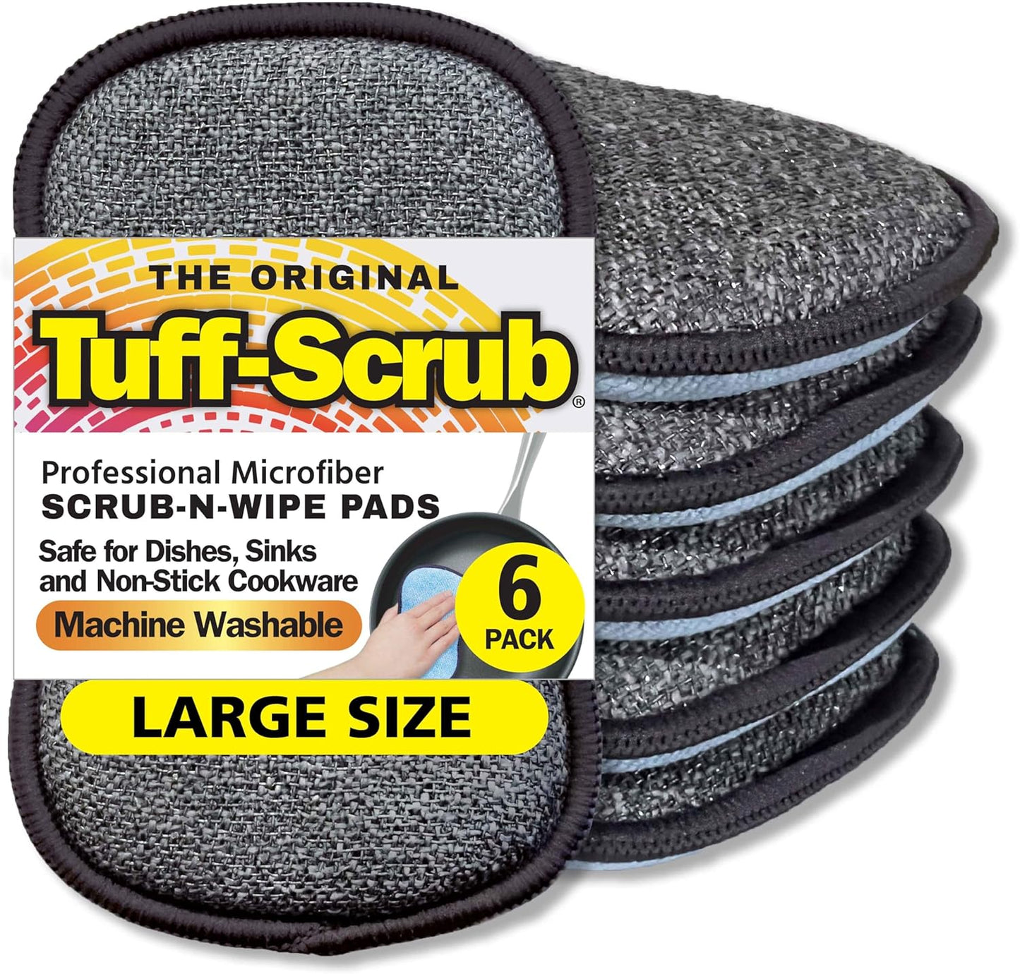 Original Scrub-N-Wipe Pad by Tuff-Scrub, 6-Pack, Microfiber, Multi-Surface, Non-Scratch, Dual-Sided, Scrubber for Dishes, Sinks, Non-Stick Cookware – Machine Washable, Durable Kitchen Sponge (Small)
