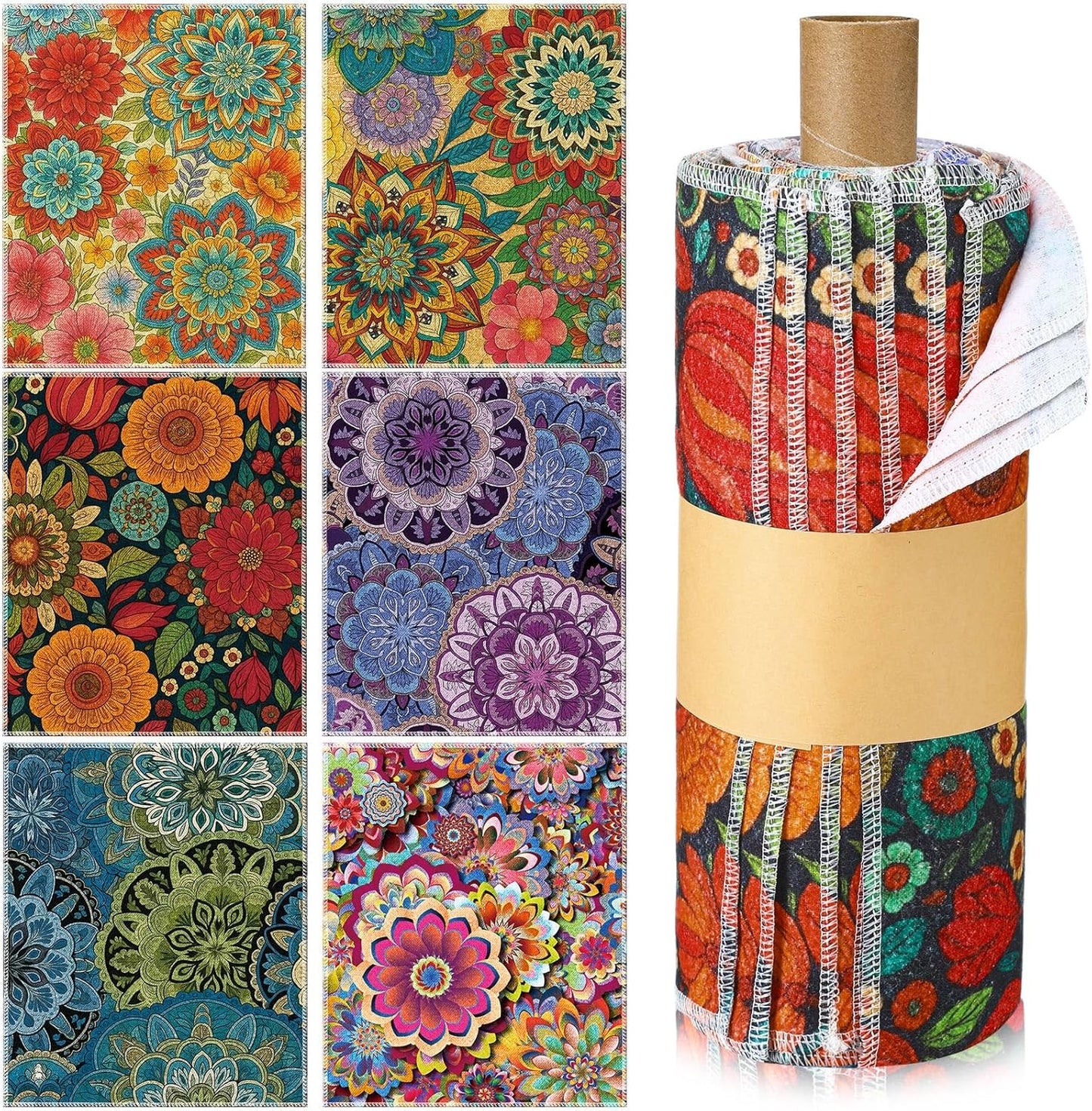 Redbaker 30 Pcs Reusable Paper Towels Rolls Kitchen Towels Bulk Washable Paperless Cloth Cotton Hand Napkins with Cardboard Reusable Napkins for Kitchen Bathroom(Floral,10 x 12 in)
