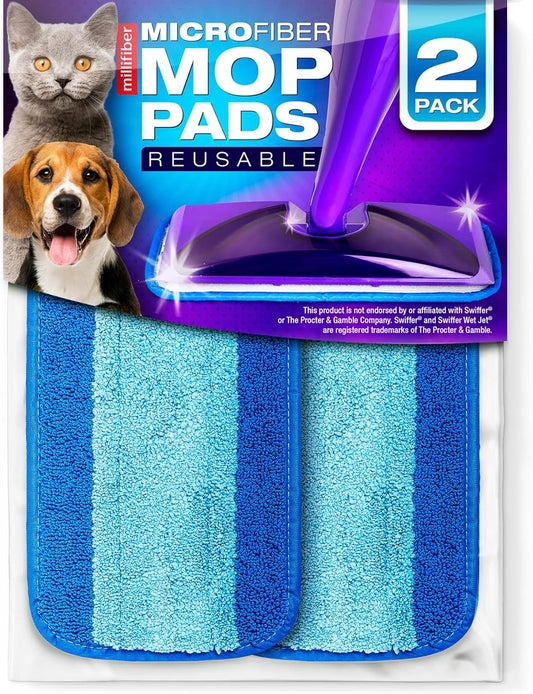 Millifiber Reusable Mop Pads Compatible with Swiffer WetJet (2 Pack) - Microfiber Mop Refill for Wet Mopping Cloths - Hardwood Floor Cleaning Spray Pads Reusable Replacements