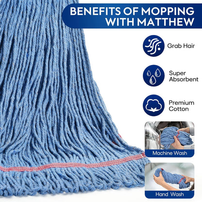 Matthew Cleaning Heavy Duty Mop Head Commercial Replacement for General and Floor Cleaning , Wet Industrial Blue Cotton Looped End String Head Refill (Pack of 6) Blue